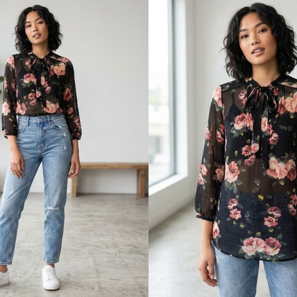 ❤️Princess Vera Wang S Black Sheer  Floral Coquette 3/4 Sleeve V-Neck Blouse EUC